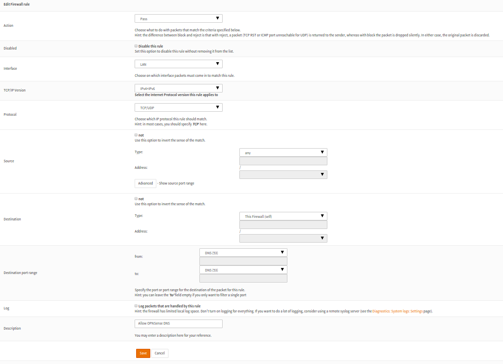 OPNSense Firewall rule #1: Allow DNS traffic to the OPNSense box
