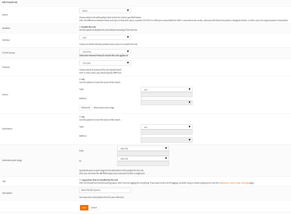 OPNSense Firewall rule #3: Deny all DNS traffic from the LAN