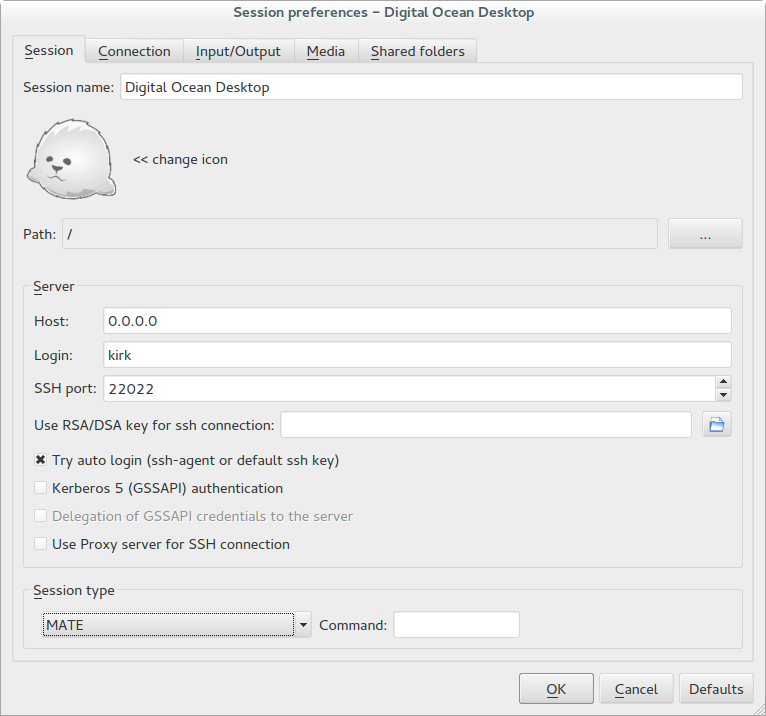 X2Go Client Configuration Screen